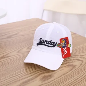 White baseball cap with Sunday embroidery and breathable mesh, casual summer sun hat.