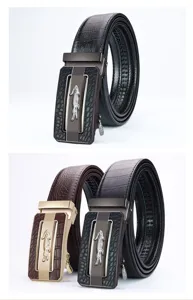 Cinturón de cuero para hombre con hebilla automática y diseño de cocodrilo elegante.