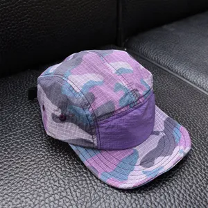Detailed view of the purple camo 5-panel short brim quick dry cap, outdoor kids hat.