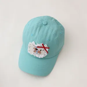 Cute children baseball cap with lace bow and puppy patch for outdoor spring summer sun protection.