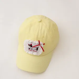 Kids cute yellow baseball cap with puppy patch and lace trim for girls outdoor sun protection