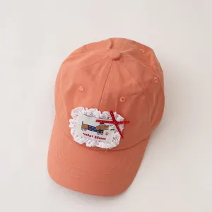 Children sun protection baseball cap, cute bow and dachshund dog patch, summer girl hat.