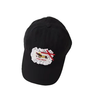 Cute kids black baseball cap with lace bow and dachshund patch for outdoor sun protection.