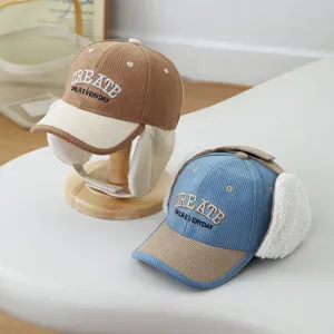 Kids winter corduroy earflap baseball hat, warm embroidered letter snapback cap for toddlers.