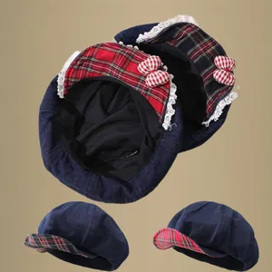 Kids Adults Denim Beret Hat Retro Newsboy Cap Plaid Patchwork Lace Bowknot Adjustable Casual Sun Protection Hat