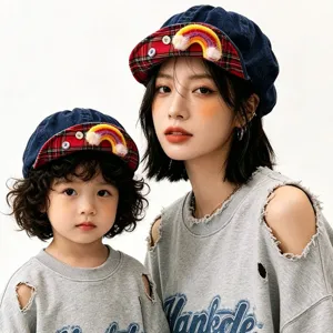 Parent-child denim newsboy hat with plaid brim and cute rainbow decoration for spring and summer.