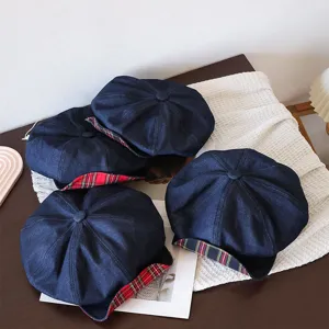 Kids denim newsboy hat spring retro casual beret stylish children hat blue plaid lining