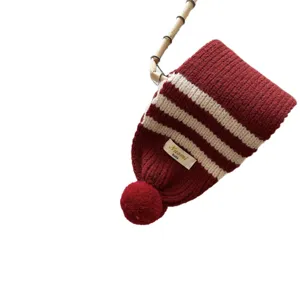 Bambini inverno caldo cappello lavorato a maglia rosso bianco a righe pompon carino copricapo