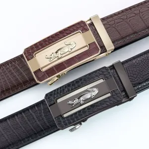 Cinturón de cuero para hombre hebilla automática cocodrilo grabado estilo elegante