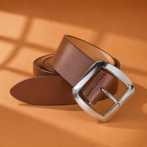 Modischer brauner Ledergürtel für Damen mit eleganter silberner Dornschnalle, Hauptansicht.