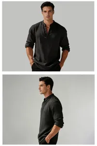 Camisa casual de hombre manga larga cuello V texturizado, top pullover liso vista detallada.