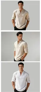 Vista detallada de camisa casual para hombre de manga larga con cuello en V y rayas sutiles beige.