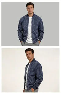 Men's faux suede bomber jacket detail, solid color zip-up casual outerwear, regular fit daily wear.