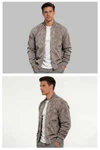 Detail view of men's suede bomber jacket featuring stand collar and zipper closure design.