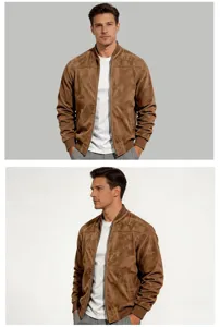 Men suede jacket casual solid color stand collar long sleeve zip up coat detail view apparel