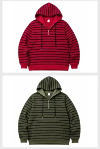 Felpa con cappuccio da uomo invernale pesante a righe orizzontali con zip corta top casual