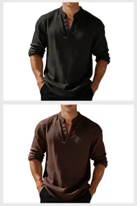 Hombre casual manga larga cuello en V camiseta acanalada color solido pullover top