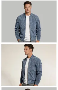 Men's suede bomber jacket casual zip-up outerwear solid color long sleeve baseball tops