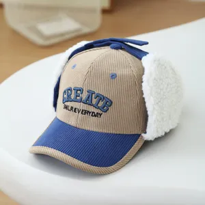 Children winter corduroy earflap baseball cap warm fleece cute hat for boys girls