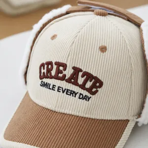Kids corduroy earflap baseball cap warm winter hat with cute letter embroidery for boys.