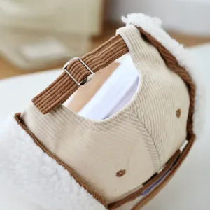 Kids corduroy winter baseball hat fleece lined warm earflap cap adjustable back buckle