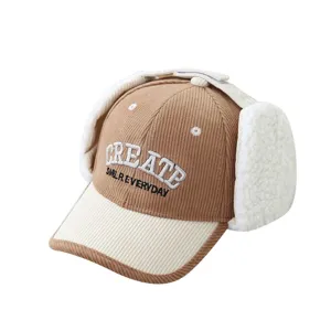 Kids winter corduroy earflap baseball cap warm fleece lined embroidered cute hat for boys