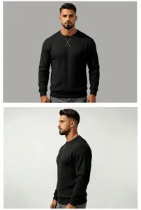 Men's black knitted long sleeve sweater with chic diamond pattern and cross collar detail.