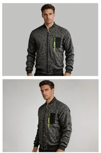 Men's camo jacket detail view, stand collar, zip-up front, neon green chest pocket design.