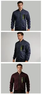 Detailed view of men's cationic camouflage bomber jacket with stand collar and chest pocket.