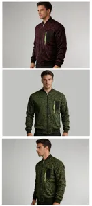 Detail view of mens bomber jacket zip pocket ribbed cuffs textured fabric apparel