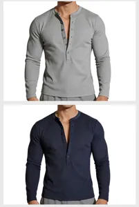 Uomo manica lunga waffle maglia Henley t-shirt casual slim fit monocolore top dettaglio.