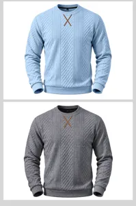 Men long sleeve jacquard crewneck knit sweater pullover with cross patch detail in two colors.