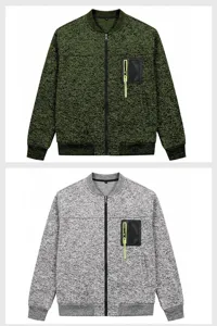 Men's cationic stand collar zip-up bomber jacket with chest mesh pocket details.