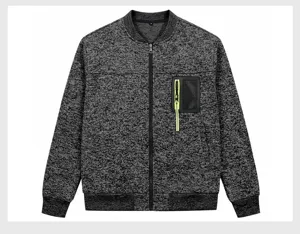 Men's dark gray cationic marled bomber jacket detail showing stand collar and chest zip pocket.