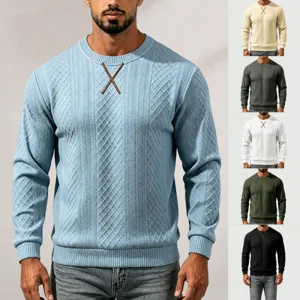 Men's Heavyweight Jacquard Pullover Sweatshirt Casual Long Sleeve Crew Neck Top With Cross Embroidery Pattern