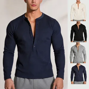 Maglietta da Uomo Casual in Lana Tinta Unita Collo Henley Manica Lunga Scollo a V Maglia a Nido d'Ape Pullover Slim Fit per Autunno Inverno