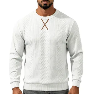 Men's White Long Sleeve Textured Sweater Casual Crewneck Pullover with Cross Neck Detail
