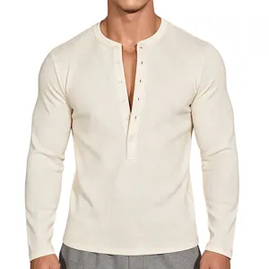 Uomo Casual Colore Unito Waffle Maniche Lunghe Henley Maglietta Scollo V Slim Fit