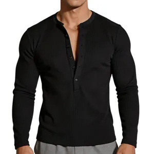 Maglietta Henley uomo tinta unita in maglia waffle a manica lunga top casual slim nero