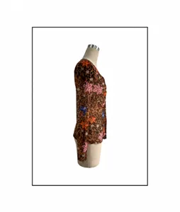 Detail view of the brown leopard floral mesh long sleeve top, slim fit daily wear.