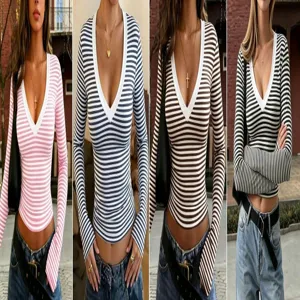 Women slim fit striped V-neck long sleeve top, fashionable color block casual autumn tee.