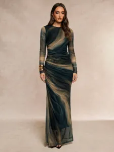 Elegant women's abstract marble print round neck long sleeve mesh long dress for spring.
