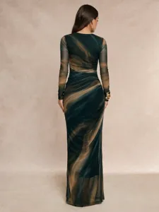 Detailed back view of women's long sleeve marble print mesh maxi dress fashion design.