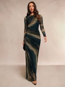 Elegant women marble print crew neck long sleeve mesh maxi dress detailed fashion view.