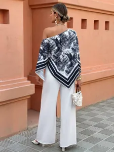 Chic floral printed one-shoulder irregular sleeve top paired with elegant white wide-leg pants.