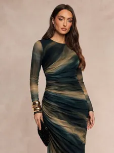 Elegant women's marble print long sleeve maxi dress with ruched design and chic style.