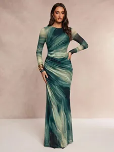 Elegant long sleeve marble print maxi dress for women, chic green crew neck party dress.