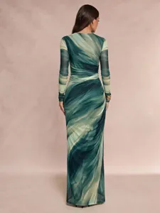 Women's fashion elegant marble print round neck long sleeve maxi dress detail view