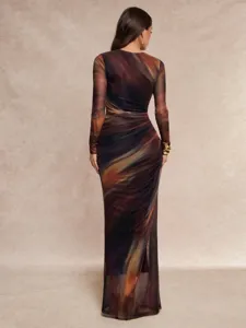 Back view of women's long sleeve marble print mesh maxi dress, elegant slim fit party wear.
