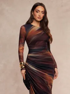Women long sleeve abstract print mesh long dress elegant crew neck slim party gown detail